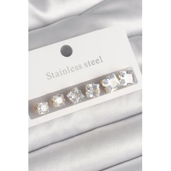 316L Çelik Gold Renk Kare Zirkon Taş Model Kadın Küpe Seti