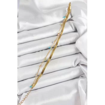 316L Çelik Gold Renk Karışık Renkli Kristal Taşlı 2li Kadın Bileklik