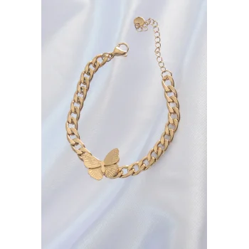 316L Çelik Gold Renk Kelebek Figür İşleme Detay Zincir Model Kadın Bileklik