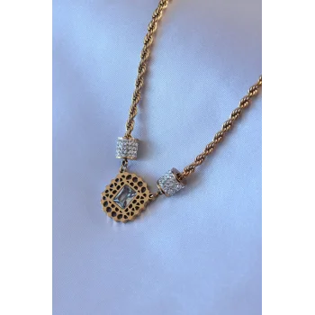 316L Çelik Gold Renk Lotus Model Zirkon Taşlı Burgu Zincir Kadın Kolye