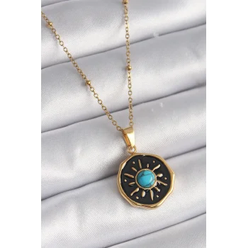 316L Çelik Gold Renk Mavi Boncuk Güneş İşleme Madalyon Model Kadın Kolye