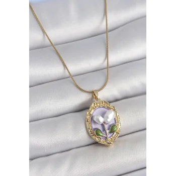 316L Çelik Gold Renk Mor İncili Çiçek İşlemeli Portre Model Kadın Kolye