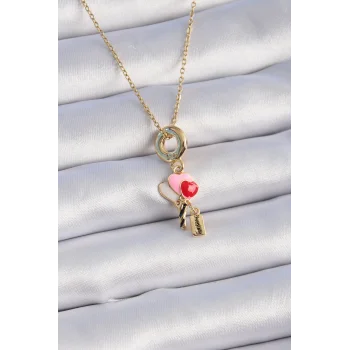 316L Çelik Gold Renk Renkli Kalp Figür Charm Model Kadın Kolye