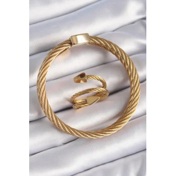 316L Çelik Gold Renk Sarmal Model Erkek Bileklik Yüzük Kombini