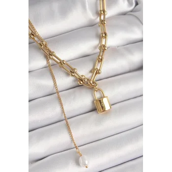 316L Çelik Gold Renk Tifany Zincir Model Kilit Figür Sallantı İnci Detay Kadın Kolye