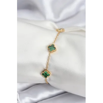 316L Çelik Gold Renk Yeşil Baby Boy Yonca Kadın Bileklik