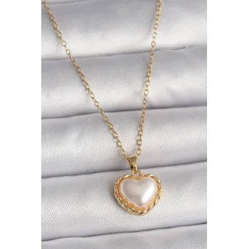 316L Çelik Gold Renk Zincir 3D İnci Kalp Model Kadın Kolye