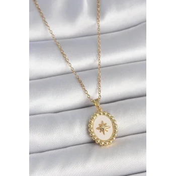 316L Çelik Gold Renk Zincir Beyaz Mineli Kutup Yıldız İşlemeli Madalyon Model Kadın Kolye