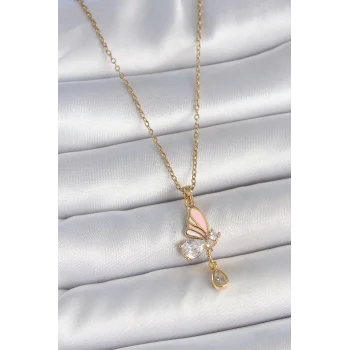 316L Çelik Gold Renk Zincir Damla Zirkon Taşlı Kelebek Model Sallantı Detay Kadın Kolye