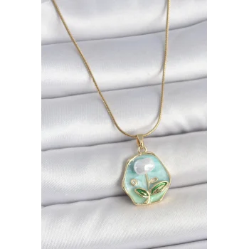 316L Çelik Gold Renk Zincir Mavi Çiçek İşlemeli İnci İşlemeli Portre Model Kadın Kolye