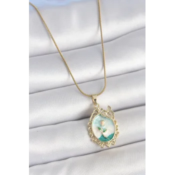 316L Çelik Gold Renk Zincir Mavi Mineli Çiçek İşlemeli Zirkon Taş Detaylı Portre Model Kadın Kolye