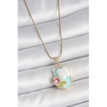 316L Çelik Gold Renk Zincir Mavi Mineli İncili Çiçek İşlemeli Portre Model Kadın Kolye