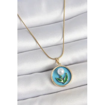 316L Çelik Gold Renk Zincir Mavi Mineli İncili Çiçek İşlemeli Portre Model Kadın Kolye