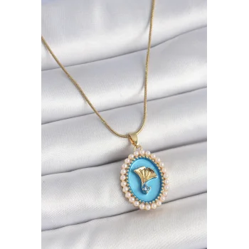 316L Çelik Gold Renk Zincir Mavi Mineli İncili Zirkon Taşlı Çiçek İşlemeli Portre Model Kadın Kolye