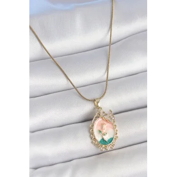316L Çelik Gold Renk Zincir Mix Renk Çiçek İşlemeli Zirkon Taş Detaylı Portre Model Kadın Kolye