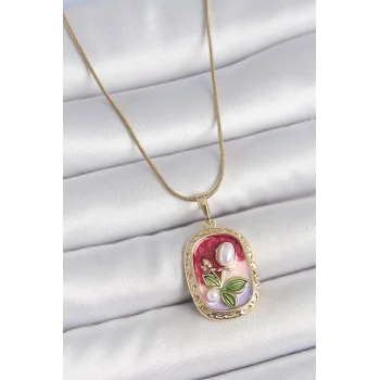 316L Çelik Gold Renk Zincir Mix Renk İncili Çiçek İşlemeli Portre Model Kadın Kolye