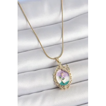 316L Çelik Gold Renk Zincir Mix Renk Mineli Çiçek İşlemeli Zirkon Taş Detaylı Portre Model Kadın Kolye