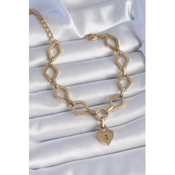316L Çelik Gold Renk Zincir Model Kilit Kalp Figür Kadın Bileklik