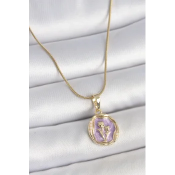 316L Çelik Gold Renk Zincir Mor Mineli Çiçek İşlemeli Portre Model Kadın Kolye
