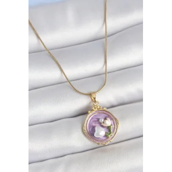 316L Çelik Gold Renk Zincir Mor Mineli İncili Çiçek İşlemeli Portre Model Kadın Kolye
