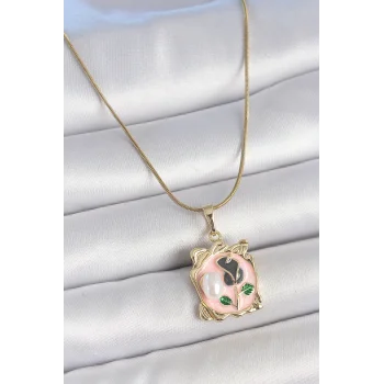 316L Çelik Gold Renk Zincir Pembe Mineli Çiçek İşlemli İnci Detay Portre Model Kadın Kolye