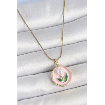 316L Çelik Gold Renk Zincir Pembe Mineli İncili Çiçek İşlemeli Portre Model Kadın Kolye