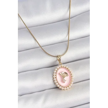 316L Çelik Gold Renk Zincir Pembe Mineli İncli Zirkon Taşlı Çiçek İşlemeli Portre Model Kadın Kolye