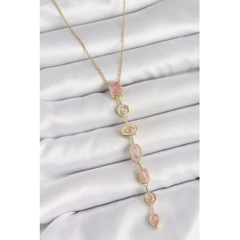 316L Çelik Gold Renk Zincir Pembe Zirkon Taşlı Y Model Dekolte Kadın Kolye