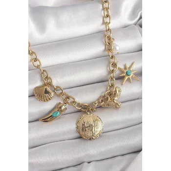 316L Çelik Gold Renk Zincir Sallantılı Çoklu Figür Model Kadın Kolye