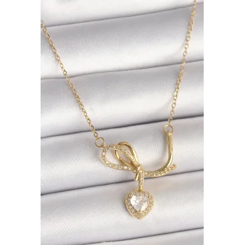 316L Çelik Gold Renk Zincir Zirkon Taşlı Düğüm Sallantı Kalp Model Kadın Kolye