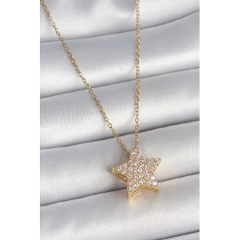 316L Çelik Gold Renk Zincir Zirkon Taşlı Yıldız Model Kadın Kolye
