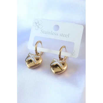 316L Çelik Gold Renk Zirkon Taş Detay Kalp Model Kadın Küpe