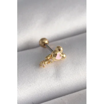 316L Çelik Gold Renk Zirkon Taş Detay Pembe Kalp İşleme Tragus Piercing