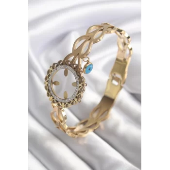 316L Çelik Gold Renk Zirkon Taş Sonsuzluk Detay Çeyrek Altın Takılabilir Kadın Kelepçe