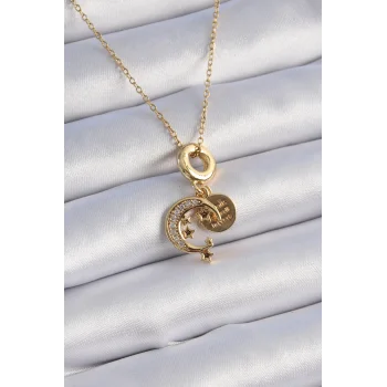 316L Çelik Gold Renk Zirkon Taşlı Ay Yıldız  Model Charm Model Kadın Kolye
