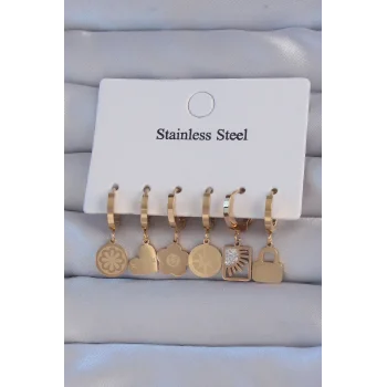 316L Çelik Gold Renk Zirkon Taşlı Çiçek Figürlü Kalp Model Halka Küpe Seti