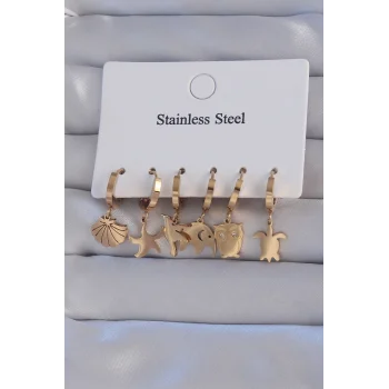 316L Çelik Gold Renk Zirkon Taşlı Hayvan Figürlü Deniz Yıldızı Model Halka Küpe Seti