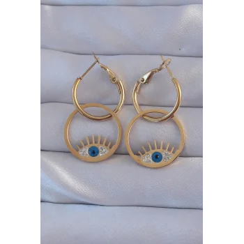 316L Çelik Gold Renk Zirkon Taşlı Mavi Göz Tasarımlı Halka Küpe