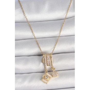 316L Çelik Gold Renk Zirkon Taşlı Sallantı Fotoğraf Makinası Figür Charm Kadın Kolye