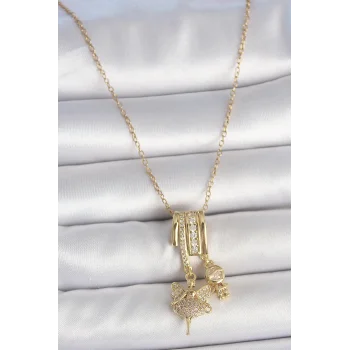 316L Çelik Gold Renk Zirkon Taşlı Sallantı Melek Figür Charm Kadın Kolye