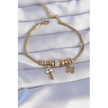 316L Çelik Gold Renk Zirkon Taşlı Yonca Detay Nazarlı Anahtar Tasarımlı Bileklik