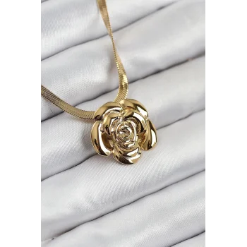 316L Çelik Gül Figürlü İtalyan Zincir Model Gold Renk Kadın Kolye