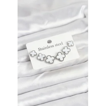 316L Çelik Gümüş Beyaz Renk 3 Boy Yonca Küpe Seti