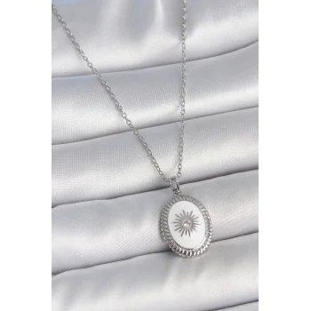 316L Çelik Gümüş Renk Beyaz Mineli Güneş İşlemeli Nazar Boncuk Detay Madalyon Model Kadın Kolye