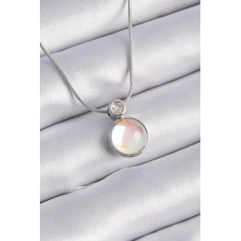 316L Çelik Gümüş Renk Beyaz Sedefli Vintage Model Kadın Kolye