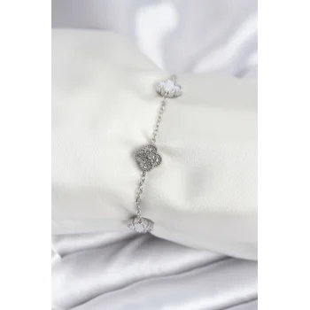 316L Çelik Gümüş Renk Beyaz ve Zirkon Taşlı Baby Boy Yonca Kadın Bileklik