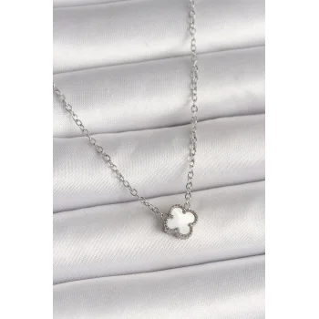 316L Çelik Gümüş Renk Beyaz Yonca Model Kadın Kolye