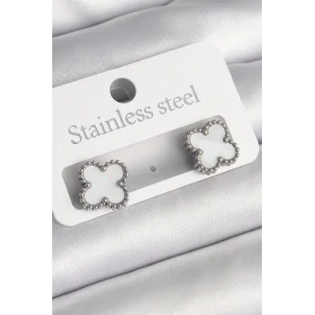 316L Çelik Gümüş Renk Beyaz Yonca Model Kadın Küpe