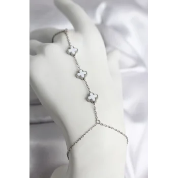 316L Çelik Gümüş Renk Beyaz Yonca Model Kadın Şahmeran