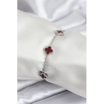 316L Çelik Gümüş Renk Bordo Baby Boy Yonca Kadın Bileklik
